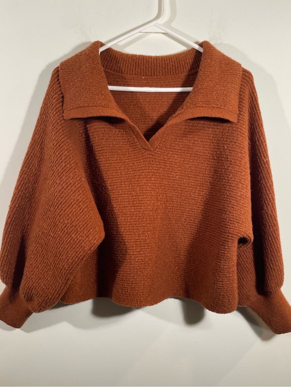 Mystery brand ribbed cropped sweater with balloon sleeves.